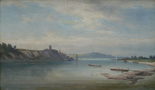 Gustav Breuning (1827-1902), "Panorama Grudziądza z wioślarzami", olej, płótno 