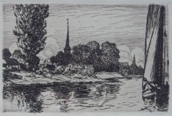 Kościółek wśród drzew nad wodą we Wróblewie, na Żuławach -1924r.