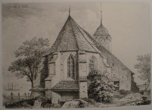 Kościół św.Piotra i Pawła w Helu w pobliżu Gdańska, akwaforta, Teka Tutti Frutti, karta 3, (1868) wyd, autorskie